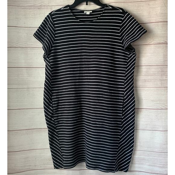 J. Jill Black and White Stripe Dress Shift Short Sleeve Pockets Size Large - Picture 1 of 16